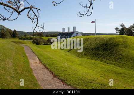 Officers' Quarters at Fort Saint Anne. Officers' Quarters with the British flag flying surrounded by tended grassy embankment Stock Photo