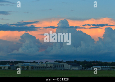 Storm clouds at sunset over the Air Force Museum in Dayton, Ohio. Stock Photo