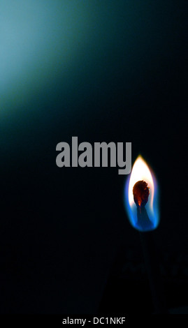 A lit match against a black background with blue tinge Stock Photo