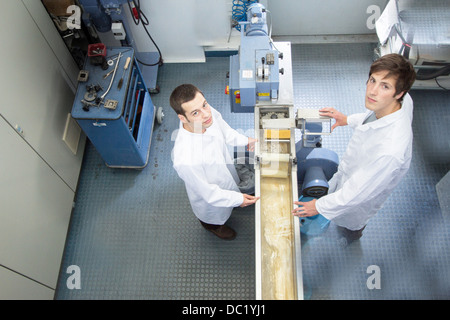 Elevated view of two scientists in technical laboratory Stock Photo