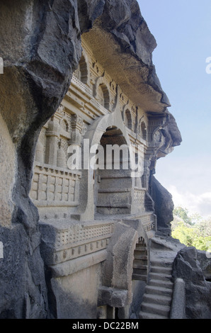 Cave 18 :  Façade of  chaitya of Pandavleni Cave. Contains beautiful carvings and stupa.  Nasik, Maharashtra,  India. Stock Photo