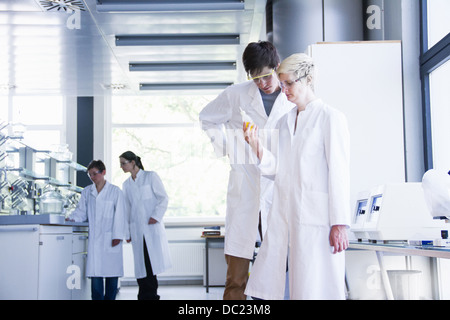 Chemistry students looking at chemical in laboratory Stock Photo