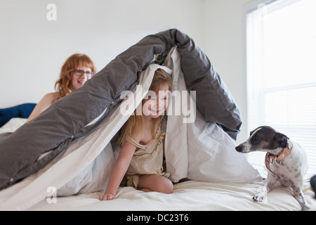 Girl hiding under duvet, mother and dog on bed Stock Photo
