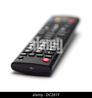 Selective focus photo of a black remote control isolated on white background Stock Photo