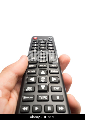 Point of view photo of hand holding remote control isolated on white background Stock Photo