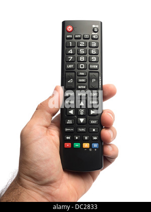 Point of view photo of hand holding remote control isolated on white background Stock Photo