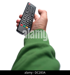 Point of view photo of hand holding remote control isolated on white background Stock Photo