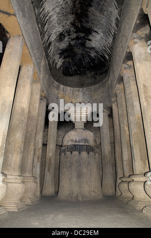 Cave 18 : Chaitya or prayer hall with beautiful carvings and stupa. Pandavleni  buddhist caves. Nasik, Maharashtra, India Stock Photo