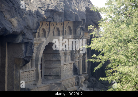 Cave 18 :  Façade of  chaitya of Pandavleni Cave. Contains beautiful carvings and stupa.  Nasik, Maharashtra,  India. Stock Photo