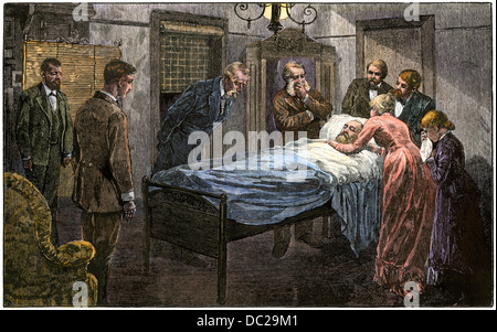 President Garfield's death at Elberon, NJ, from an assassin's bullet, 1881. Hand-colored woodcut Stock Photo