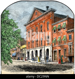Ford's Theatre, where President Lincoln was shot in 1865, Washington DC. Hand-colored woodcut Stock Photo
