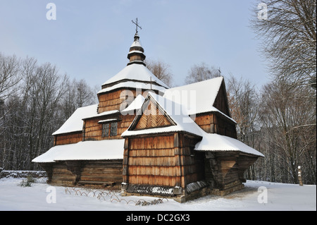Traditional wooden church in the open air Museum of Folk Architecture and Life of Ukraine, Pyrohovo, Ukraine Stock Photo