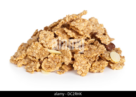 Pile of cereal muesli on white background. Macro shot Stock Photo
