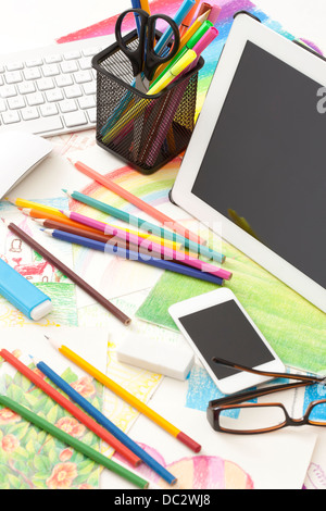 Illustration stationery on office desk Stock Photo