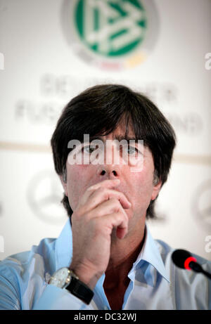 Frankfurt Main, Germany. 08th Aug, 2013. Head coach of the German national soccer team Joachim Loew attends a press conference at the headquarters of the German Football Association (DFB) in Frankfurt Main, Germany, 08 August 2013. Loew announced the squad for the international match against Paraguay. Photo: FRANK RUMPENHORST/dpa/Alamy Live News Stock Photo