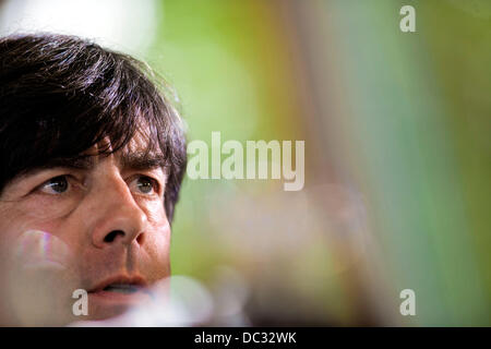 Frankfurt Main, Germany. 08th Aug, 2013. Head coach of the German national soccer team Joachim Loew attends a press conference at the headquarters of the German Football Association (DFB) in Frankfurt Main, Germany, 08 August 2013. Loew announced the squad for the international match against Paraguay. Photo: FRANK RUMPENHORST/dpa/Alamy Live News Stock Photo