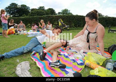 Two brothers play fighting in the park. Stock Photo