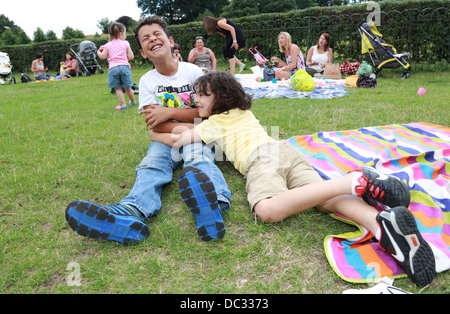 Two brothers play fighting in the park. Stock Photo