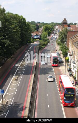 An overhead view of Archway Road, Highgate, London, showing traffic management including Bus Lanes. Stock Photo