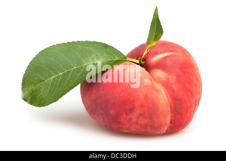 peaches one leaves flat on white background Stock Photo