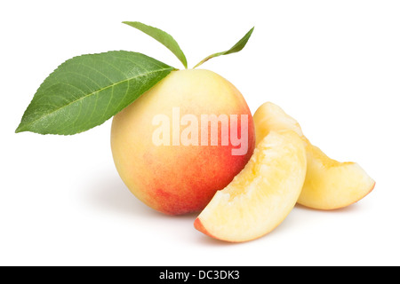 peaches slice group leaves on white background Stock Photo