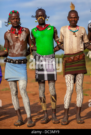 Bashada Tribe Warriors With Body Paintings, Dimeka, Omo Valley, Ethiopia Stock Photo