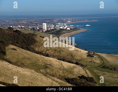 A view of Eastbourne from Beachy Head. Eastbourne pier can be clearly seen along the coastline. Stock Photo