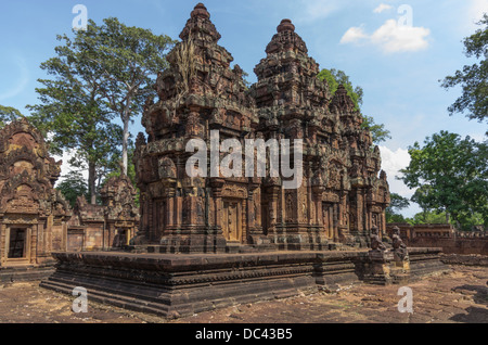 Carved towers in Banteay Srei temple Cambodia Stock Photo