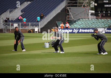 Durham, UK. 08th Aug, 2013. Usman Khawaja (left) and Steve Smith (centre) fielding during Australia's training session at the Emirates Durham International Cricket Ground  in Chester-le-Street. The session was the final team practise ahead of the 4th Investec Ashes Test match between England and Australia. Credit:  Stuart Forster/Alamy Live News Stock Photo