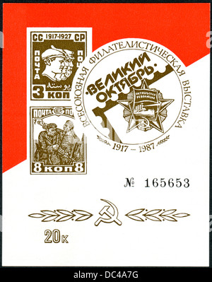 A Souvenir sheet printed in the USSR devoted to the Great October Socialist Revolution, shows the first Soviet postage stamps Stock Photo