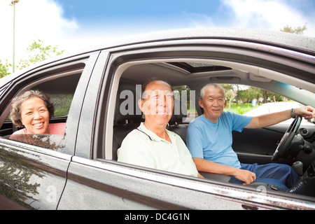 happy seniors enjoying road trip and travel Stock Photo