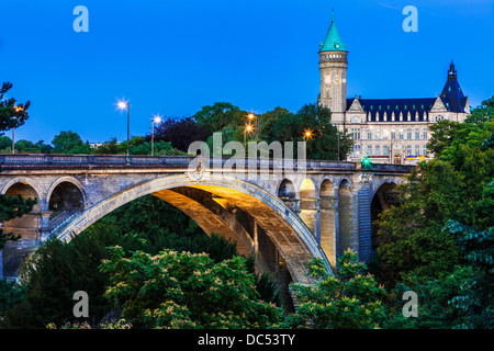 Twilight over Adolphe Bridge and the State Savings Bank in Luxembourg City. Stock Photo