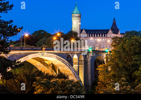 Twilight over Adolphe Bridge and the State Savings Bank in Luxembourg City. Stock Photo