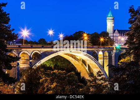 Twilight over Adolphe Bridge and the State Savings Bank in Luxembourg City. Stock Photo