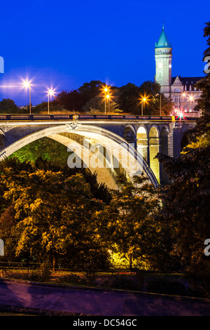 Twilight over Adolphe Bridge and the State Savings Bank in Luxembourg City. Stock Photo