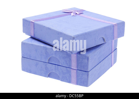 Stack Of Blue Gift Boxes On White Background Stock Photo