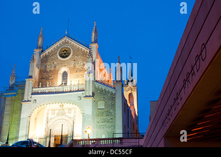 Facade of San Jeronimo El Real church from The Prado museum, night view. Madrid, Spain. Stock Photo