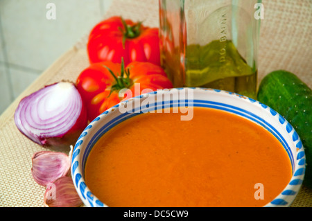 Gazpacho with some ingredients, close view. Andalucia, Spain. Stock Photo