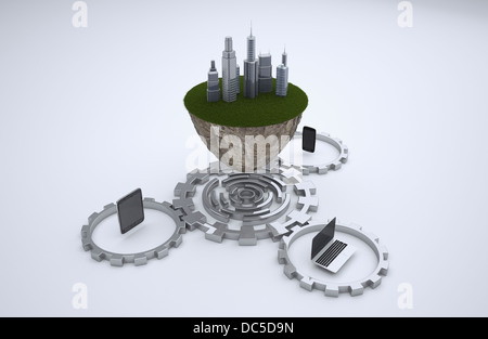 illustration of floating land with smart devices Stock Photo