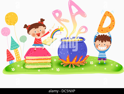 illustration of kids playing with alphabets Stock Photo - Alamy