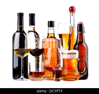different bottles and glasses of alcoholic drinks isolated on a white background Stock Photo