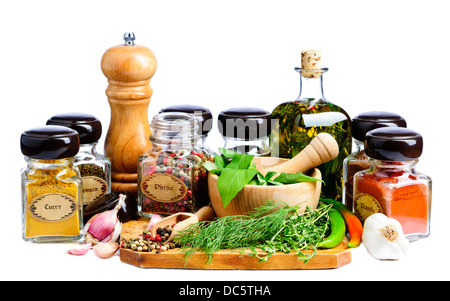 various herbs and spices isolated on a white background Stock Photo