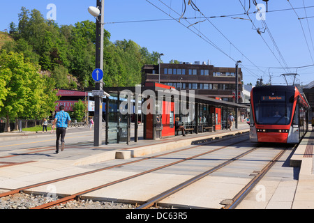 New Bergen Light Rail Tram in railway station. Nesttun, Bergen, Hordaland, Norway, Scandinavia Stock Photo