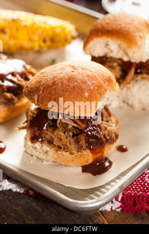 Smoked Barbecue Pulled Pork Sliders with Sauce Stock Photo