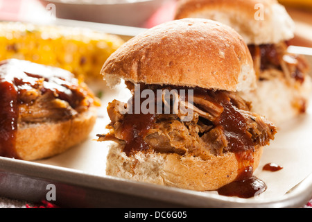 Smoked Barbecue Pulled Pork Sliders with Sauce Stock Photo