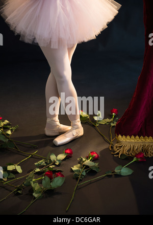 Teenage (16-17) ballerina on stage, roses by her feet Stock Photo