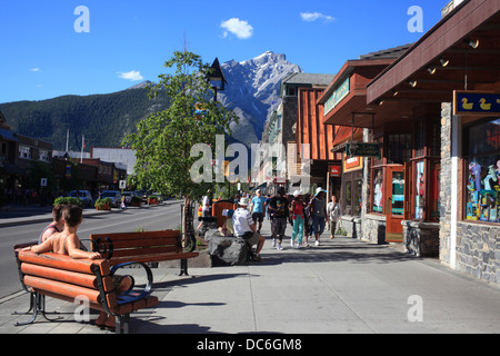 Sunny main street in Banff Village in Banff National Park in Alberta Stock Photo