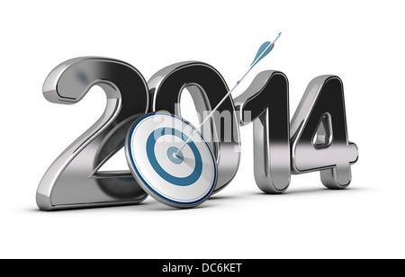 3D metallic Year 2014 with a target at the foreground with an arrow hitting the center, concept image for achieving business obj Stock Photo