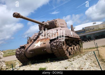 Sherman Tank abandoned at Utah Beach, Normandy, now a memorial to those who died liberating France. Stock Photo