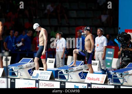 (R-L) Akihiro Yamaguchi (JPN), Nicolas Fink (USA), JULY 28, 2013 - Swimming : FINA Swimming World Championships Men's 100m Breaststroke Heats at Palau Sant Jordi arena in Barcelona, Spain. (Photo by D.Nakashima/AFLO) Stock Photo